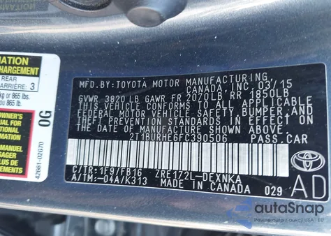 2015 Toyota Corolla Le from USA, damaged, VIN 2T1BURHE6FC390506
